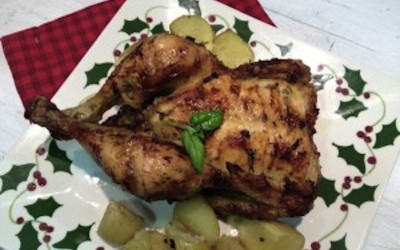 Pollo al horno con mostaza, ajo y albahaca