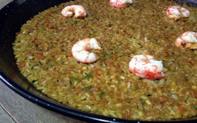 Rice paella with red prawns and vegetables. The winning paella