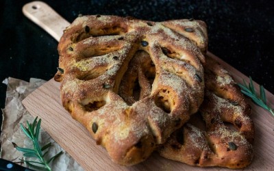 Fougasse with chorizo, parmesan cheese and pumpkin seeds
