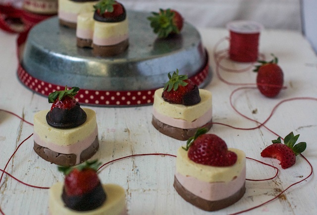 Chocolate, strawberry and vanilla mousse