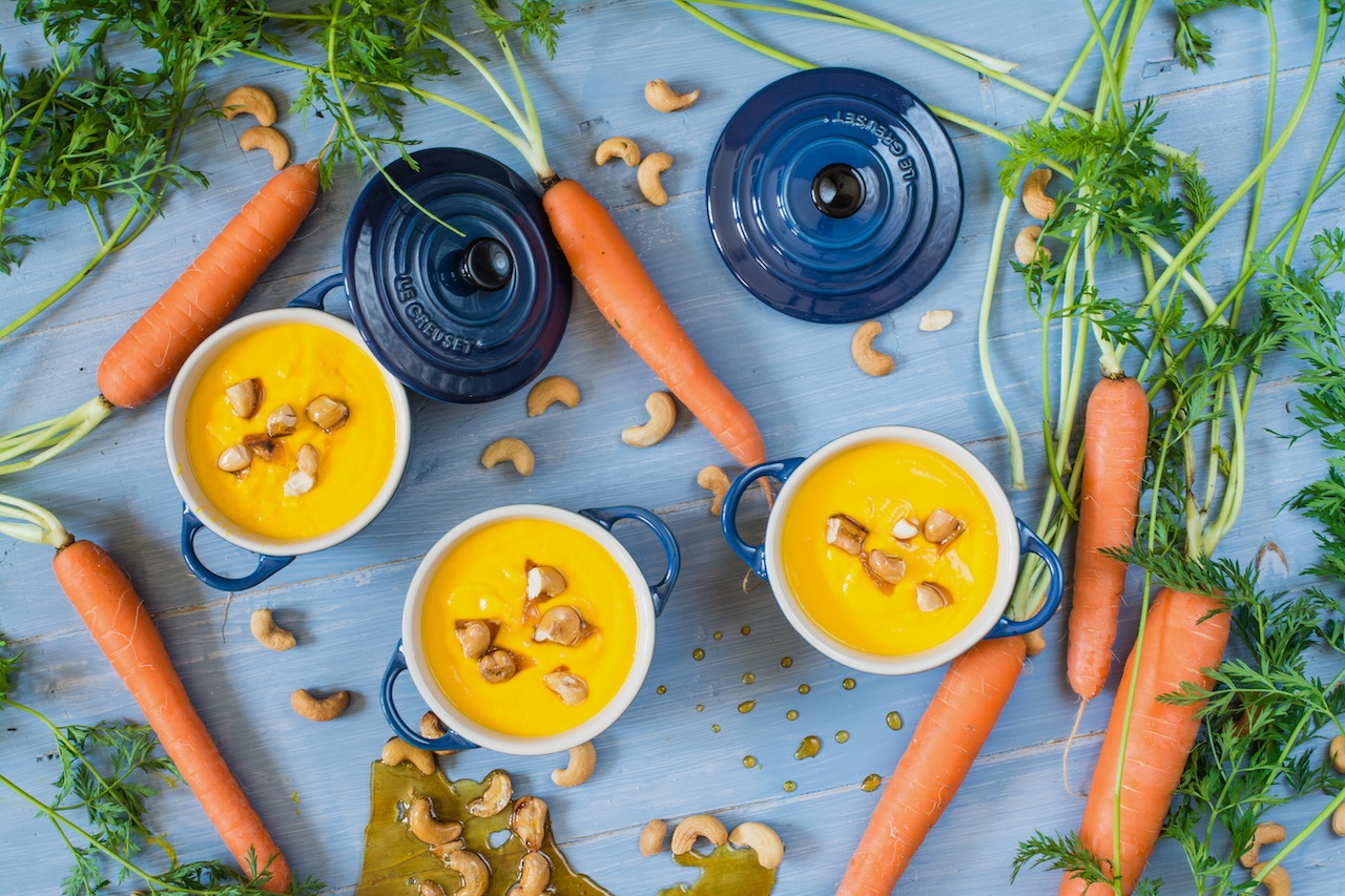 Cream of carrot and ginger. With crispy cashew nuts