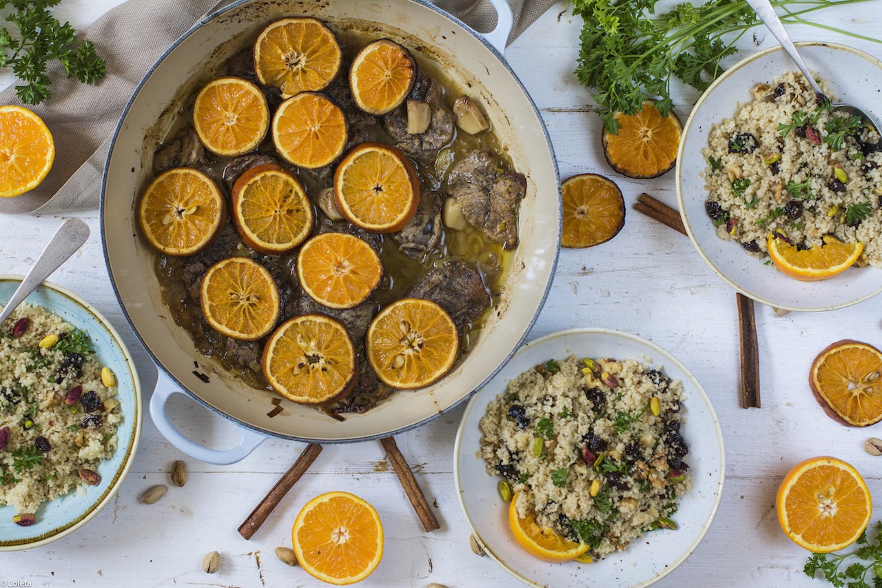 Filetes de pierna de cordero con miel y taboulé de frutos secos