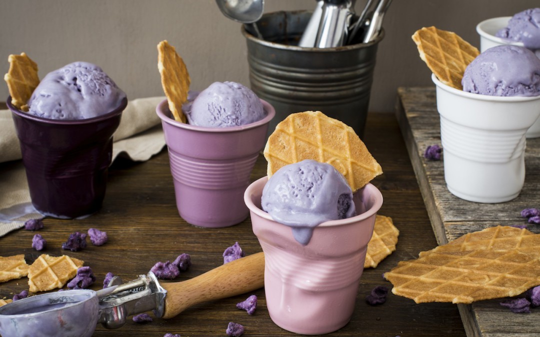 Violet ice cream. Taste of flowers