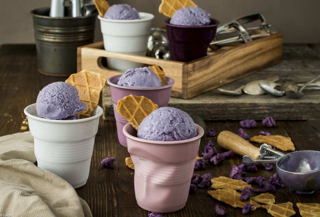 Violet ice cream. Delicate flavor flowers