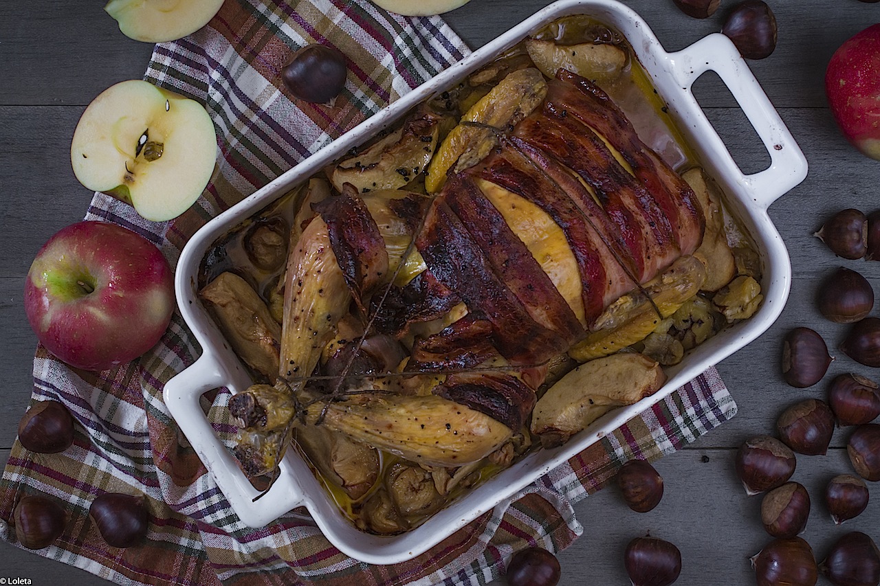Pollo asado con castañas y manzanas. Preciosos colores