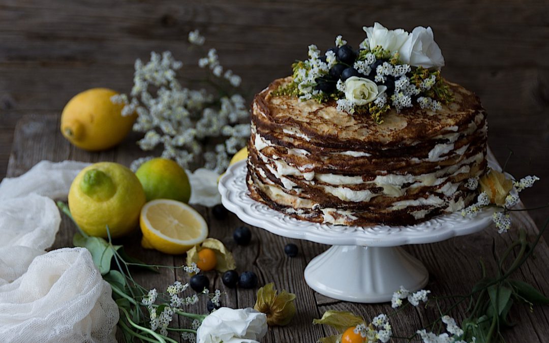 Easy pancakes with poppy seed cake filled with lemon homemade curd and mascarpone