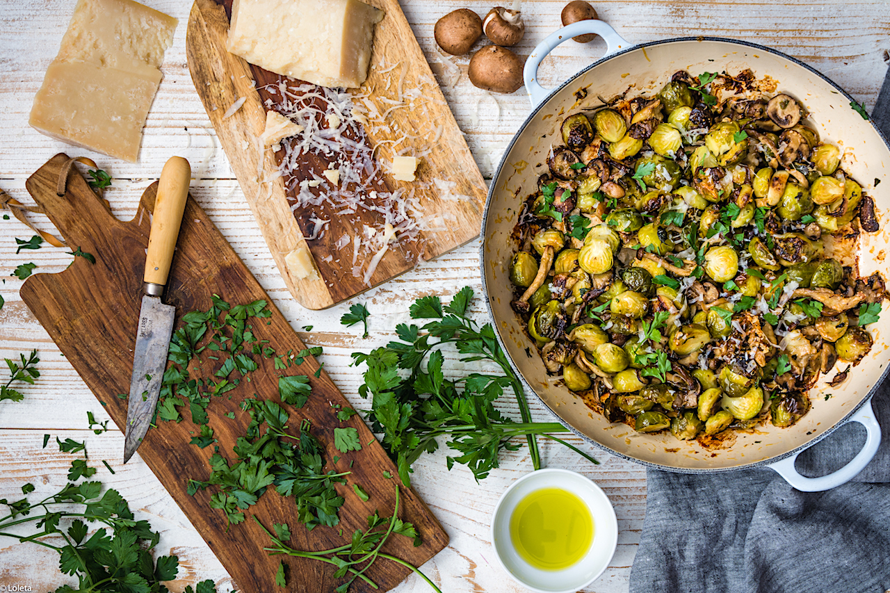 Easy recipe for Brussels Sprouts with Shitake mushrooms and Parmesan