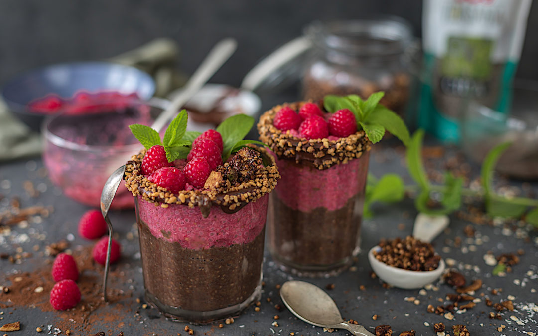 Chia with raspberries and chocolate pudding. The best breakfast and lunch