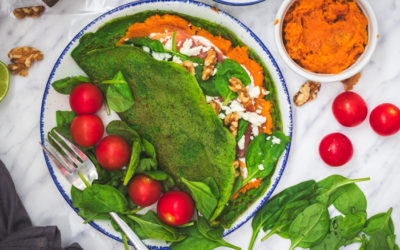 Gluten free spinach crepes stuffed with salmon and roasted sweet potatoes