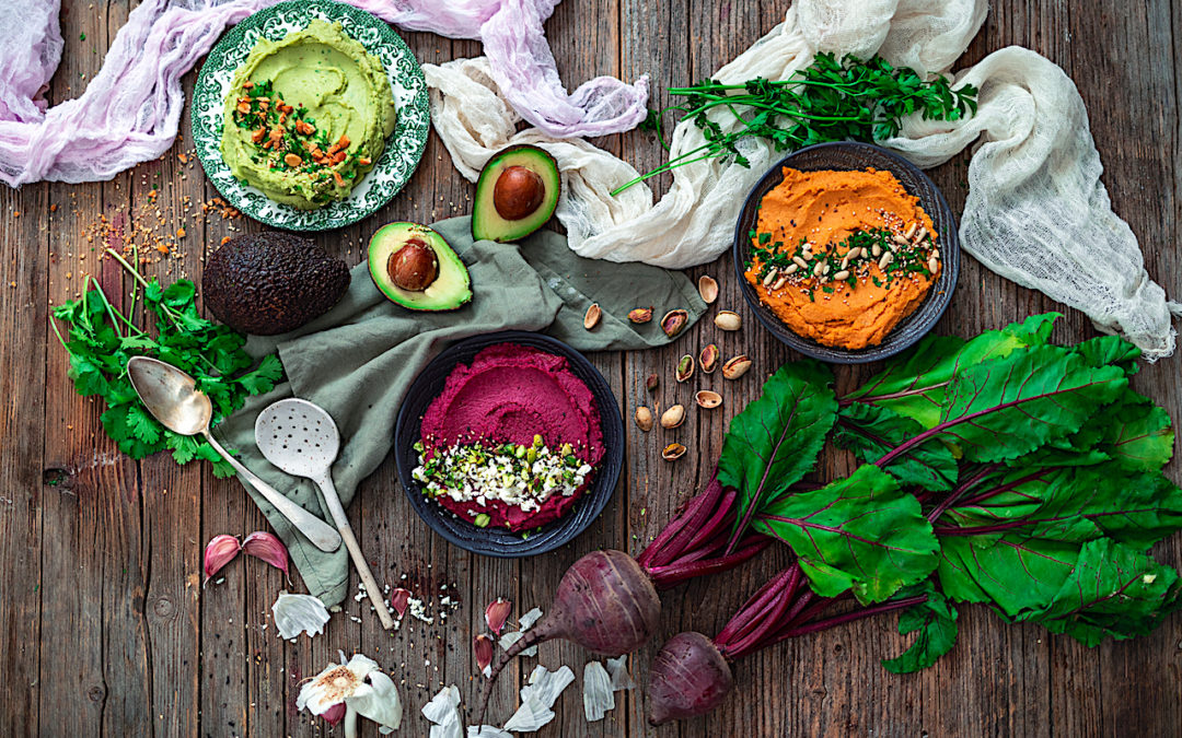 Hummus trio: beetroot, avocado and roasted pepper
