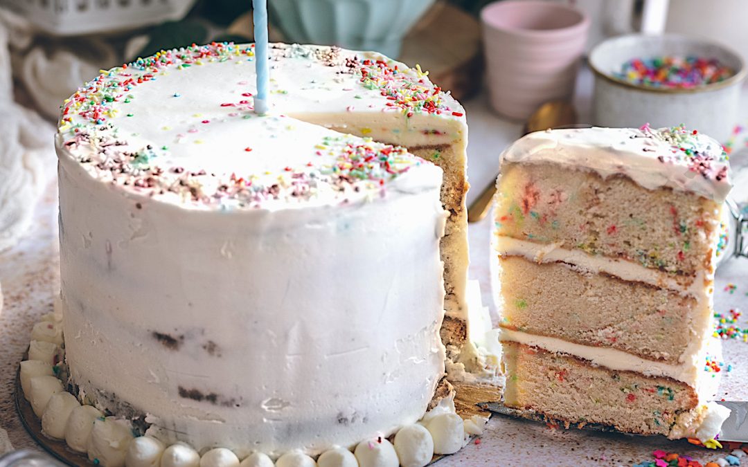 Happy birthday cake with colorful confetti and white chocolate.