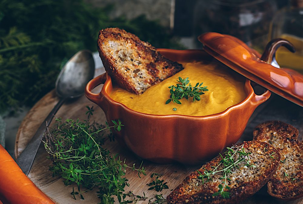 Roasted pumpkin cream with bacon and parmesan croutons