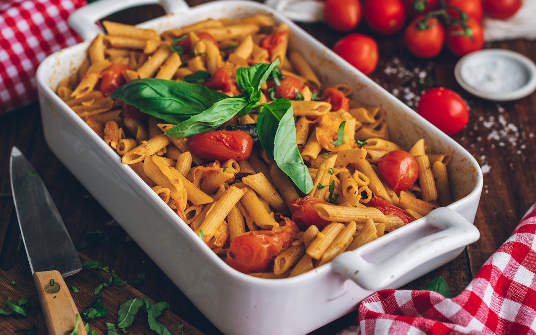 Creamy whole wheat pasta with roasted tomatoes