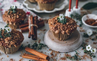 Banana muffins with cinnamon crumble stuffed with nuts and chocolate
