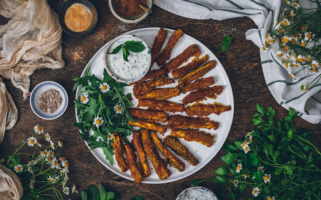Zucchini fingers with tzachiki sauce. Sticks made in air fryer