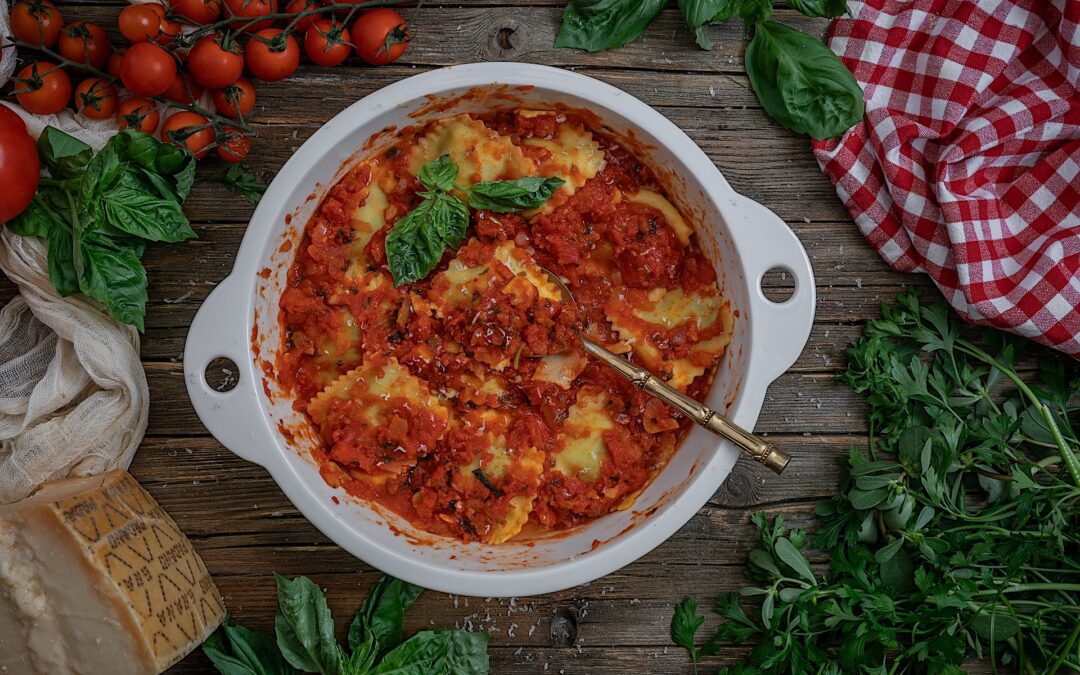 Ravioli with Neapolitan sauce. The richest tomato and basil sauce in the world