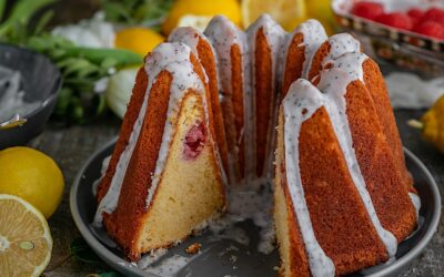 Lemon sponge cake with raspberries and poppy seeds