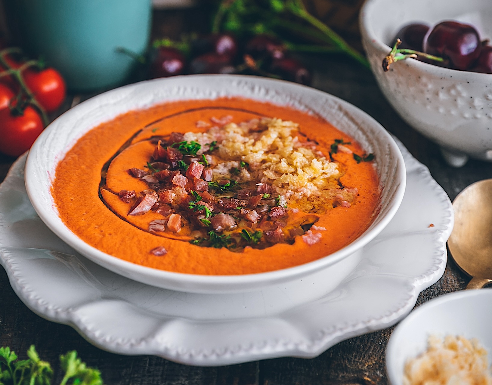 Cherry gazpacho with crispy cheese. The best of summer